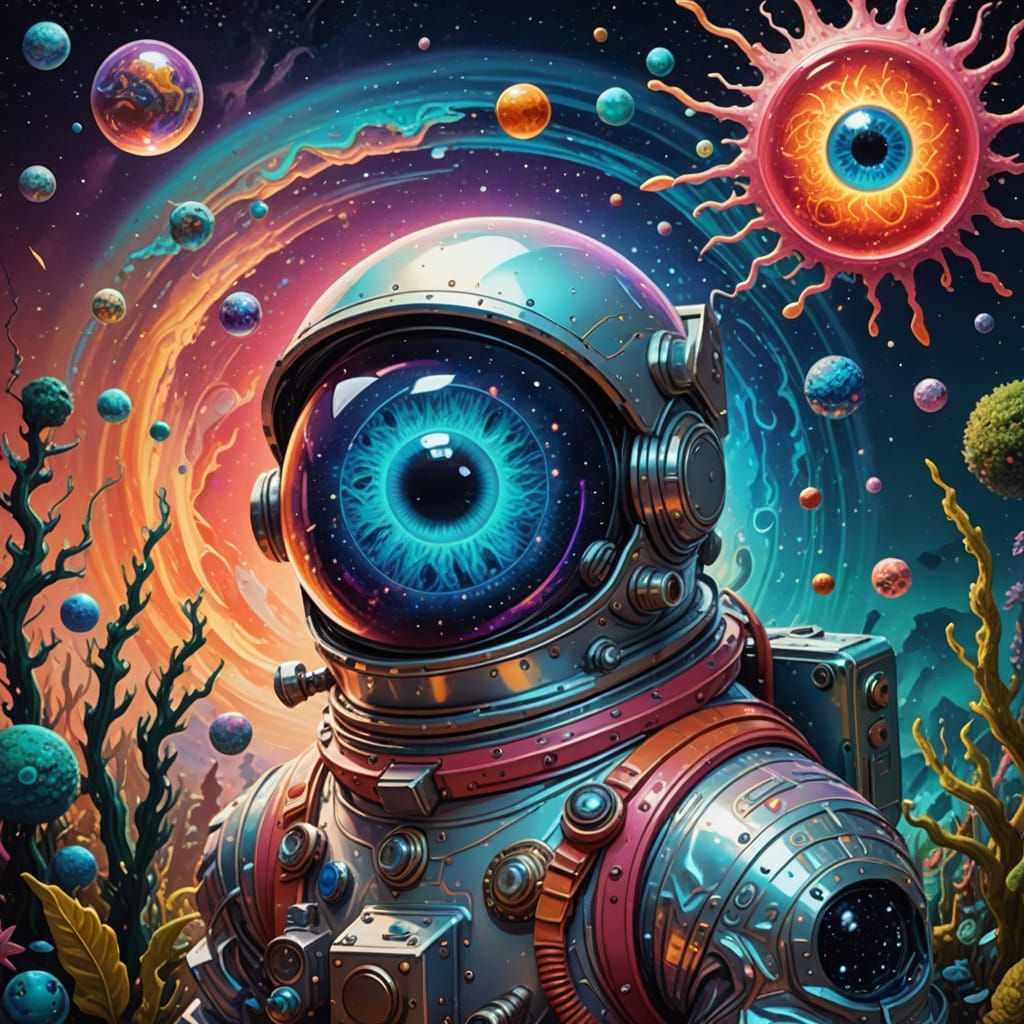 Cosmic Astronaut Meets Giant Eyeball Planet in Vibrant, Drea...