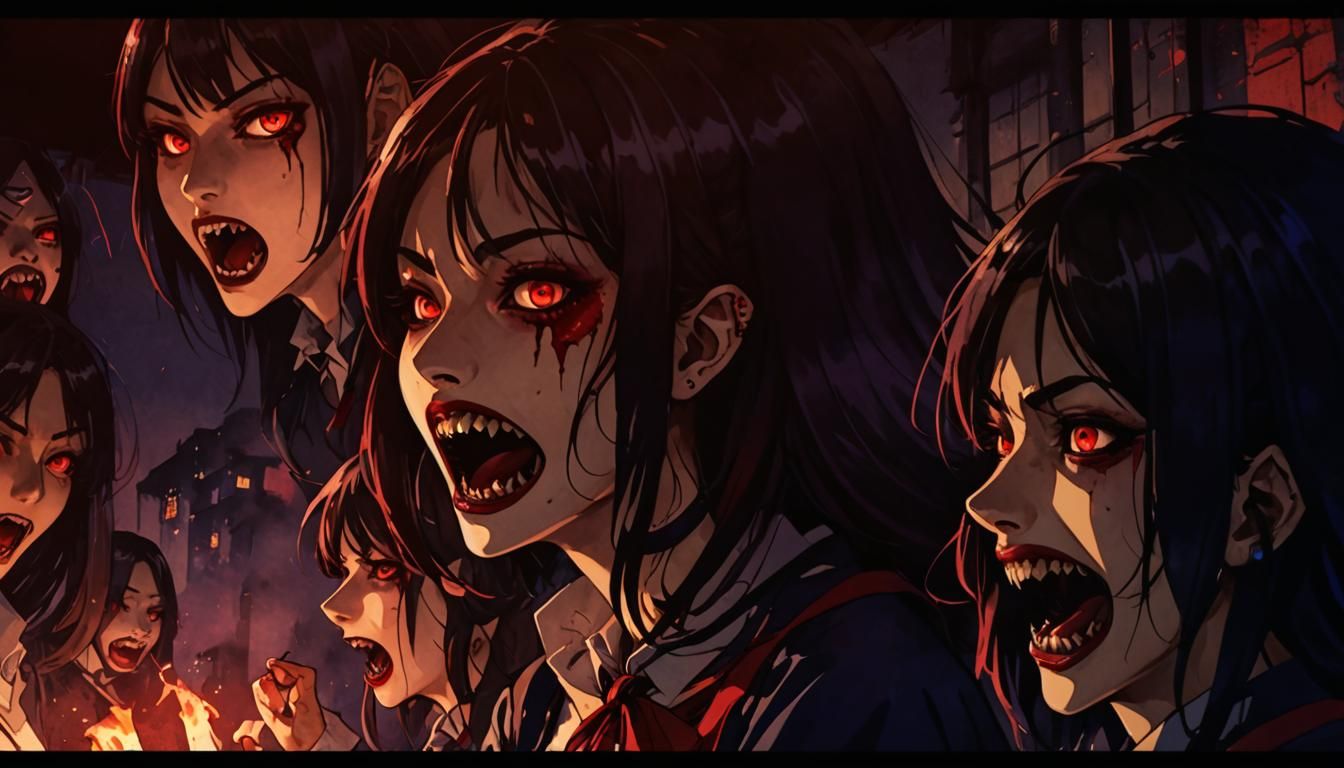 Vampire High-School Girls in Japanese Manga Style