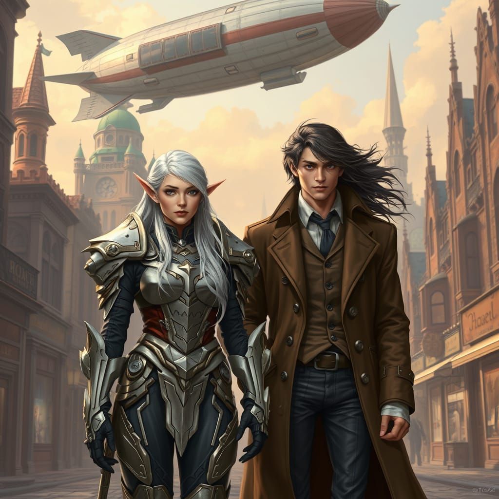 Steampunk City Strangers with Industrial Futurism Whimsy