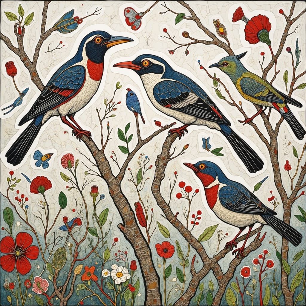 Watercolour Birds in Whimsical Outdoor Setting