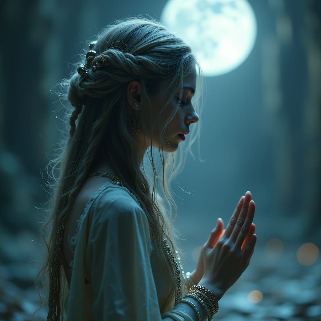 Ethereal Priestess Kneeling in Futuristic Moonlight