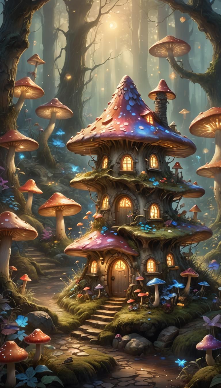 Enchanted Fairy Mushroom House in Bioluminescent Forest