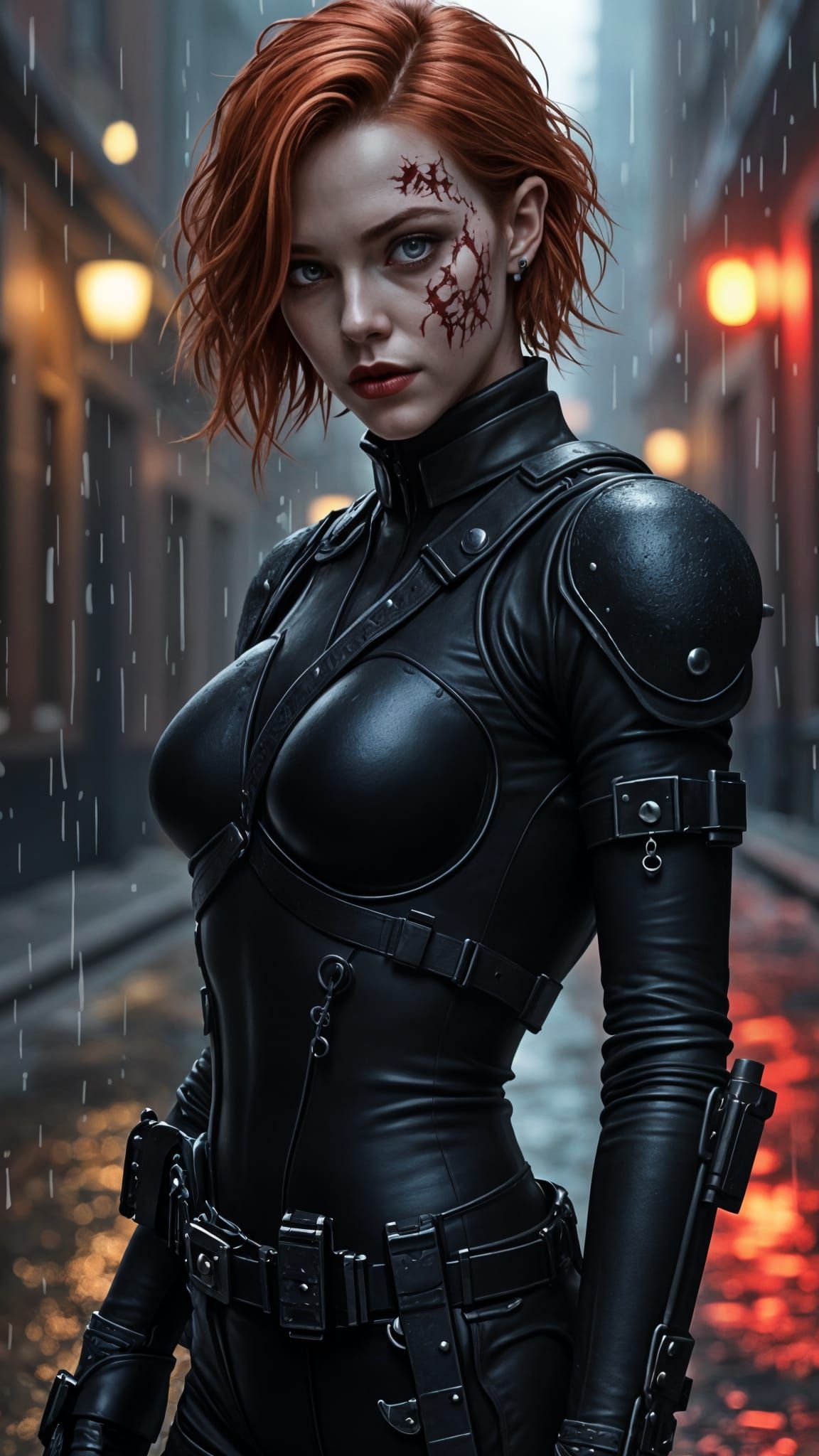 Villainess with Jagged Scars in Noir Comic Art