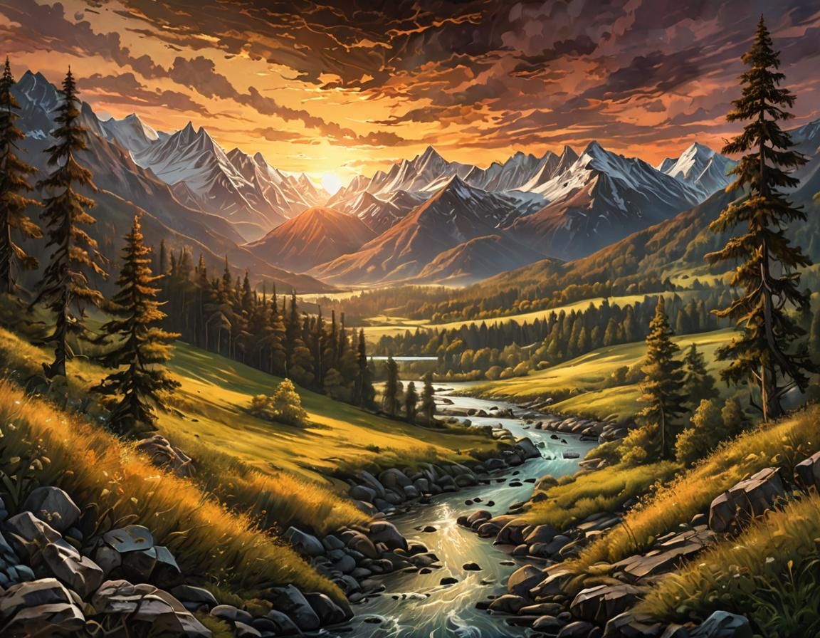 Rustic Acrylic Painting of Mountain Landscape at Sunset
