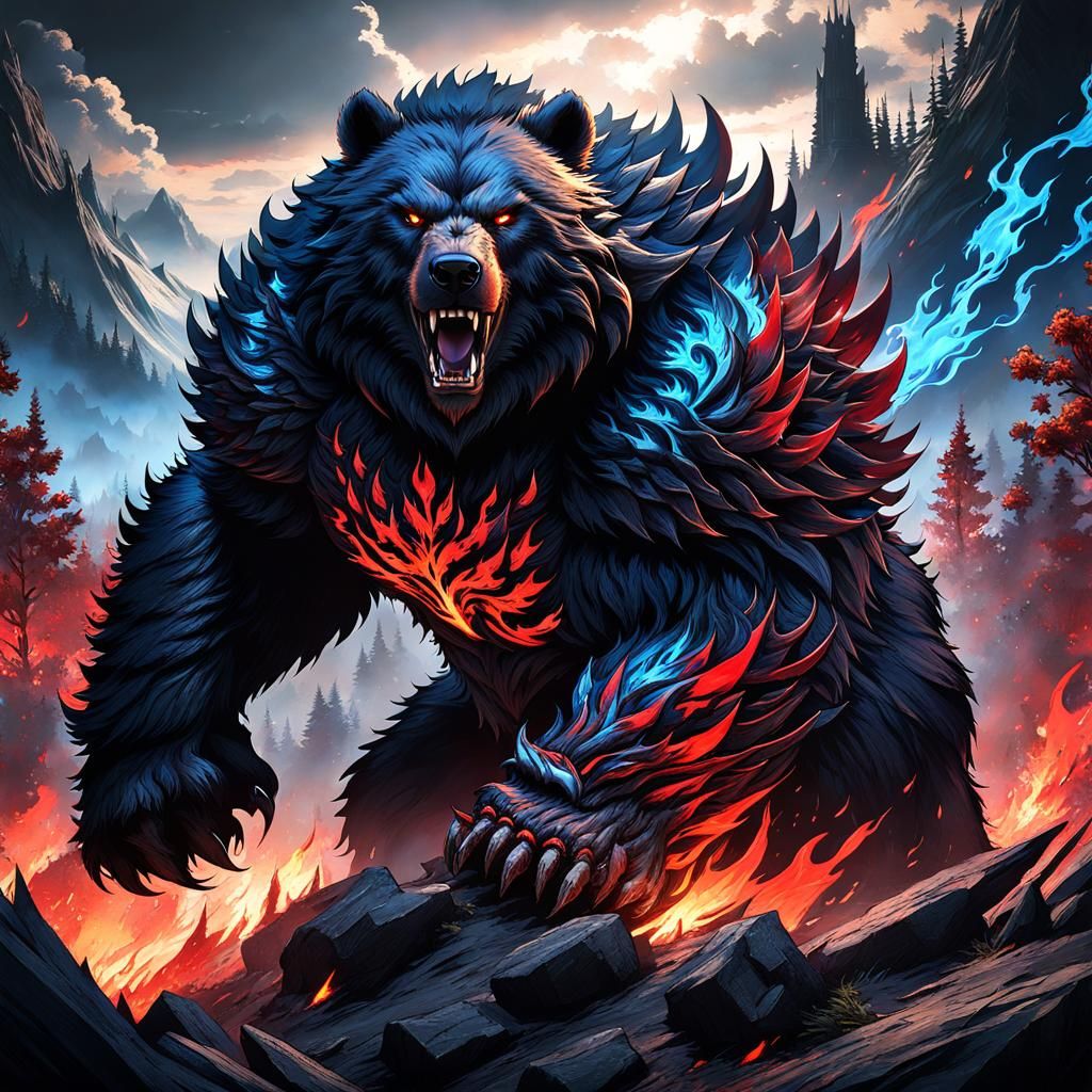 Berserk Black Werebear with Flames, Manga Style