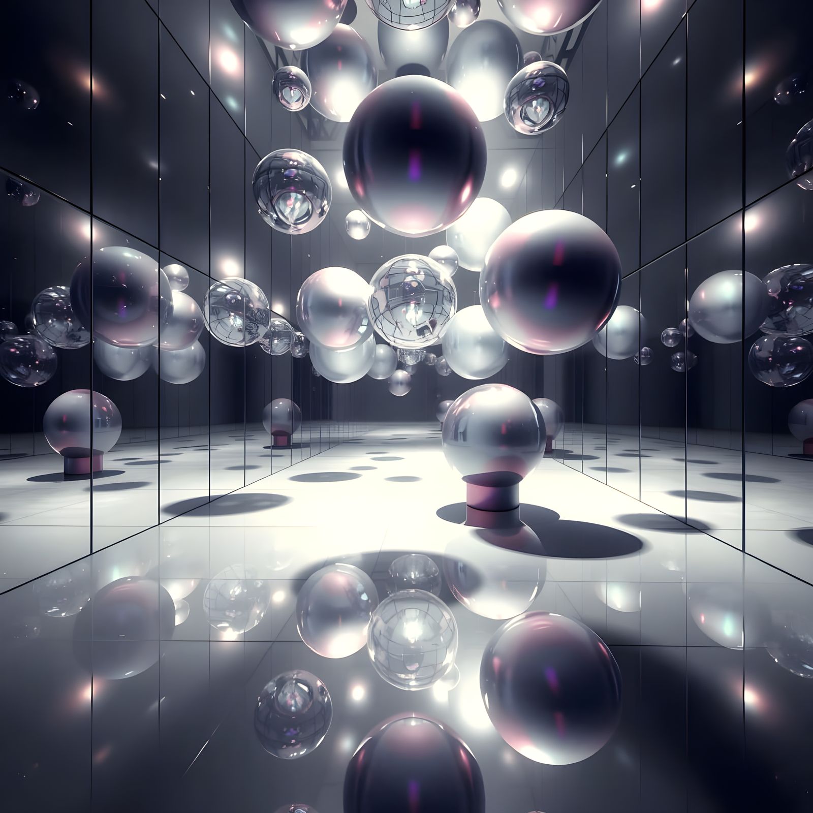 Surreal Cubic Shapes Hover in Mirrored Room