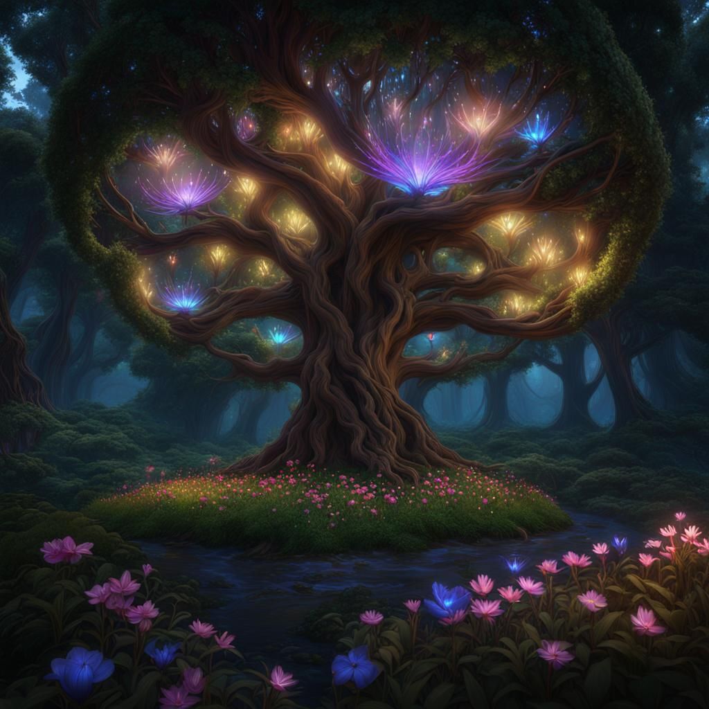 Fiberoptic Tree in Faery Grove, Detailed Matte Painting