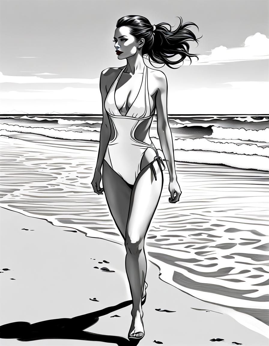 Brunette in White Bathing Suit: Black and White Line Art