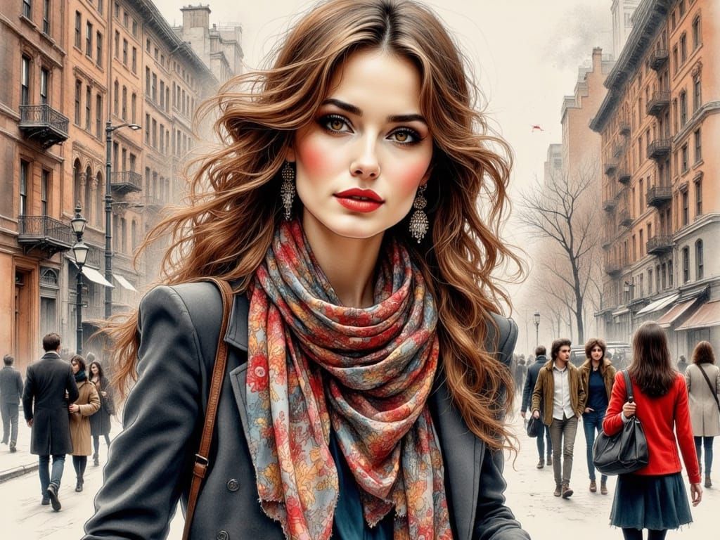 Stylish Women on Fifth Avenue in Ink Style