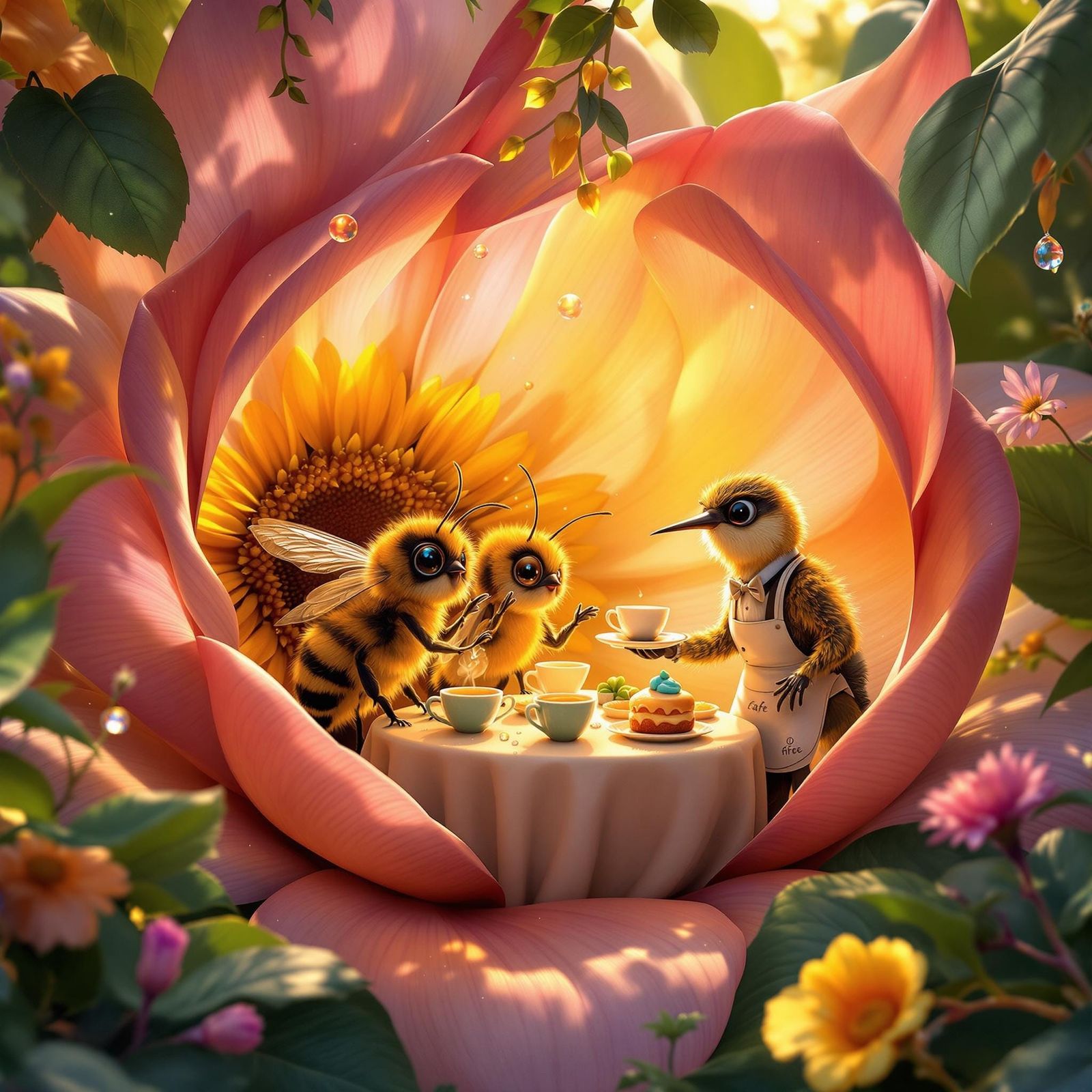 Whimsical Flower Café Scene with Tiny Bees and Hummingbird W...