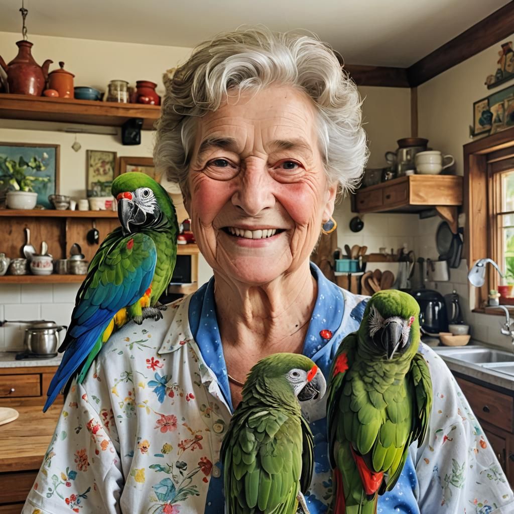 Grandmother Portrait with Parrot in Cottage Kitchen