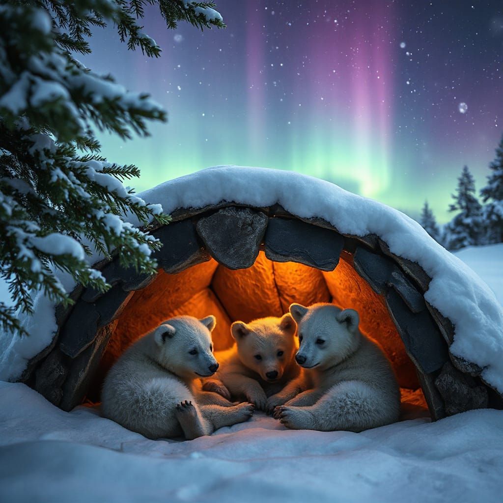 Mother Bear and Cubs Cozy Winter Den Under Aurora