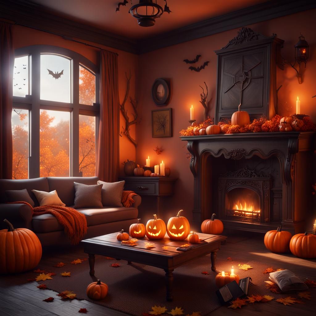 Cozy Autumn Room with Fireplace: Digital Art