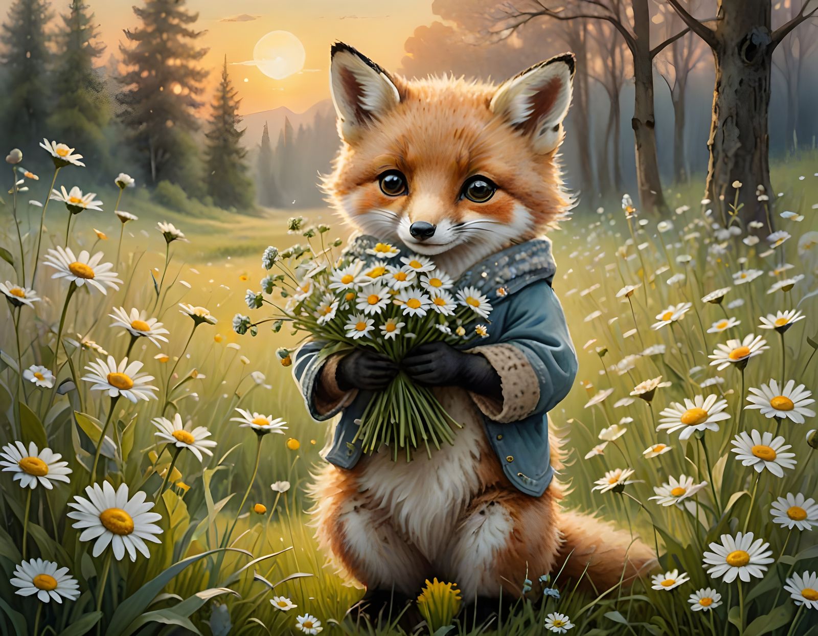 Cute Fox Cub Offers Daisies to Owl in Watercolor Style