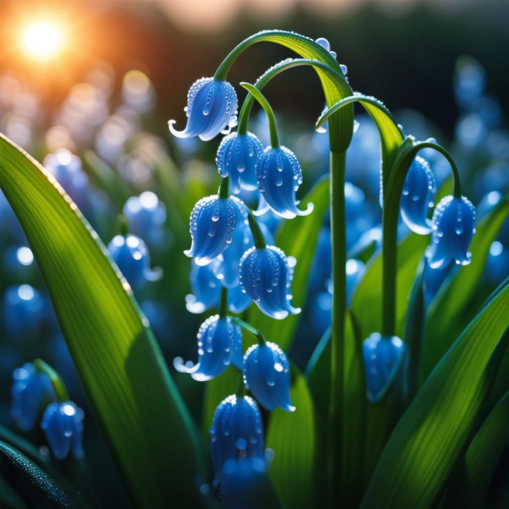 Blue Lily of the Valley at Sunrise in 4D Ultra Realism