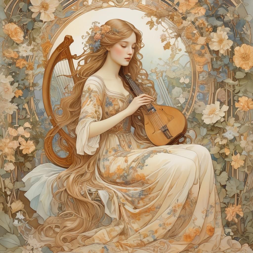 Art Nouveau Woman with Lyre in Floral Setting