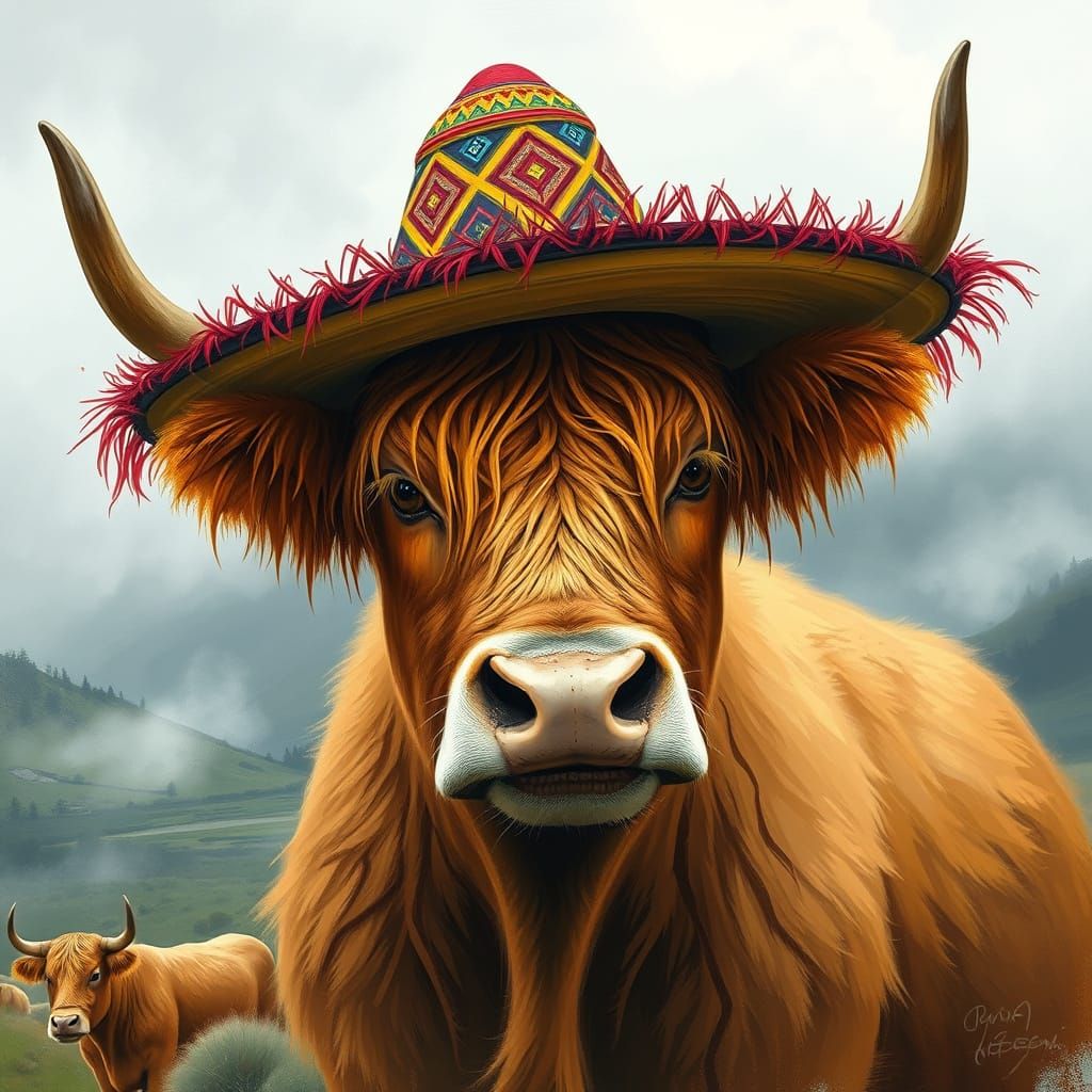 Highland Cow in Sombrero Hat, Digital Art