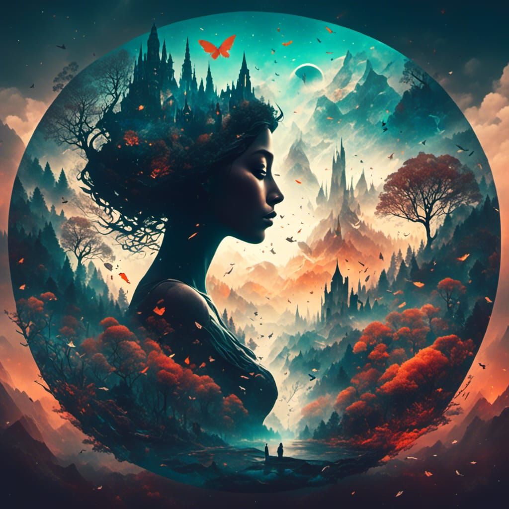 Silhouette Double Exposure Collage Art, Digital Masterpiece