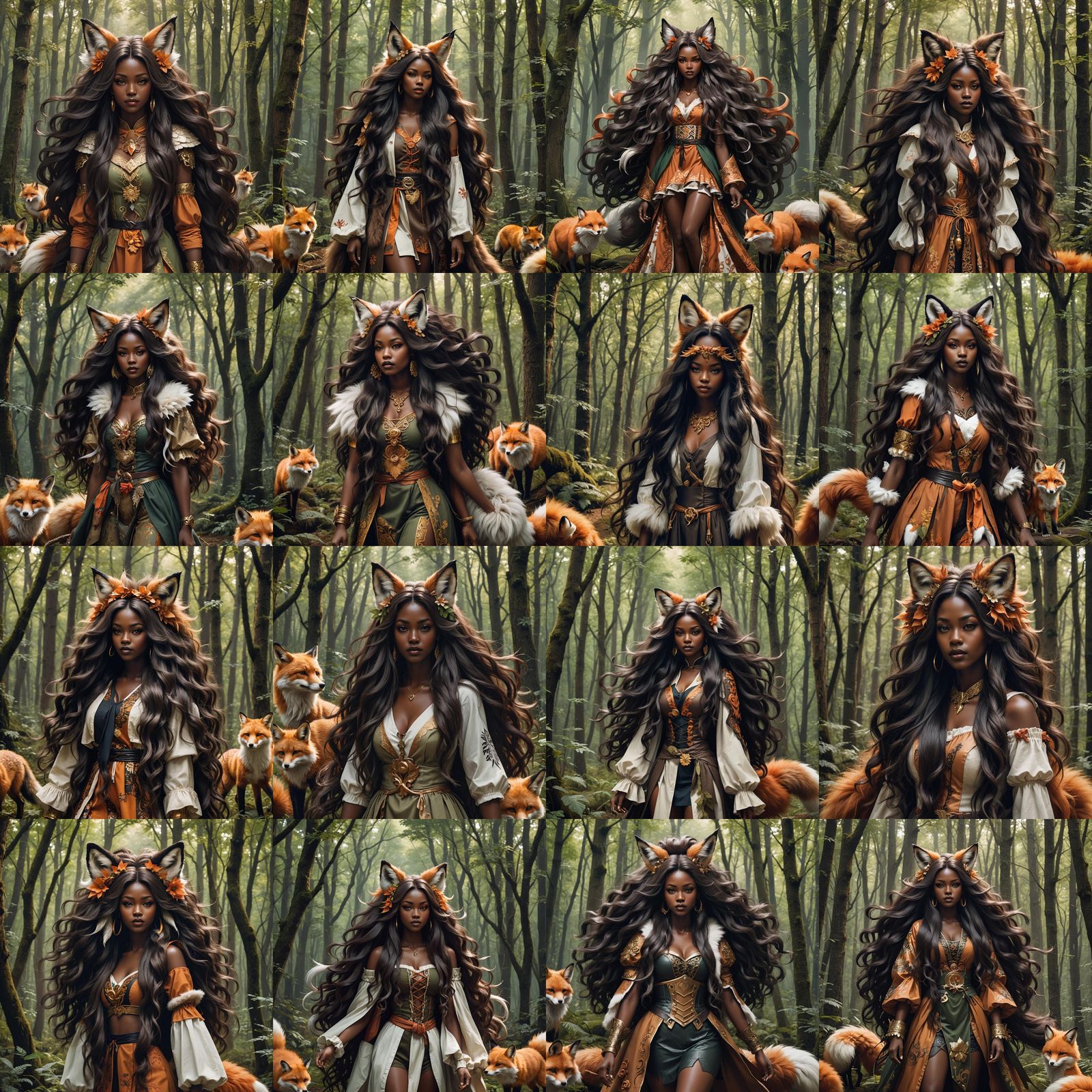 Fox-eared Woman with Nine Tails in Forest