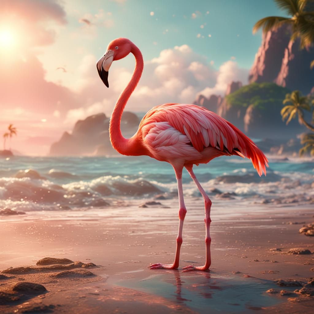 Flamingo on Sunny Beach: Detailed Matte Painting