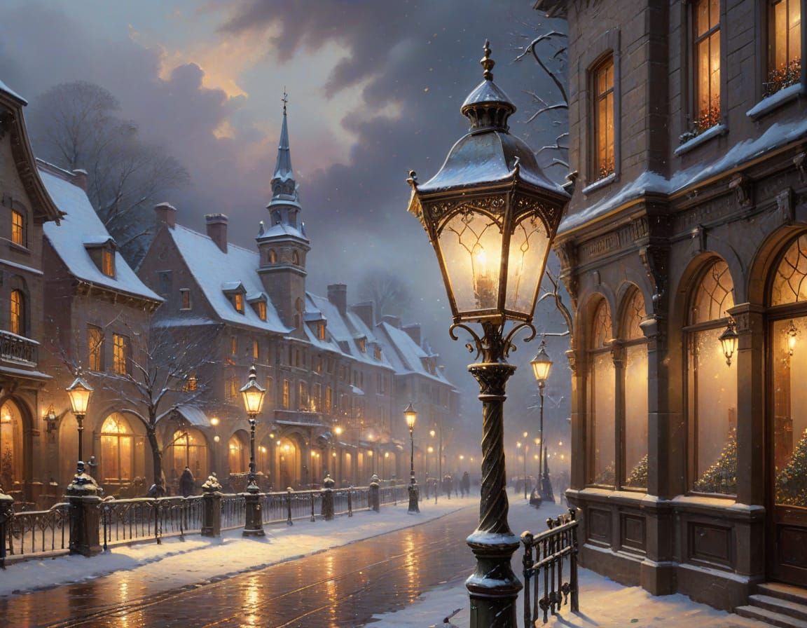 Antique Bronze Lamp in Snowy European Square, Oil Painting S...