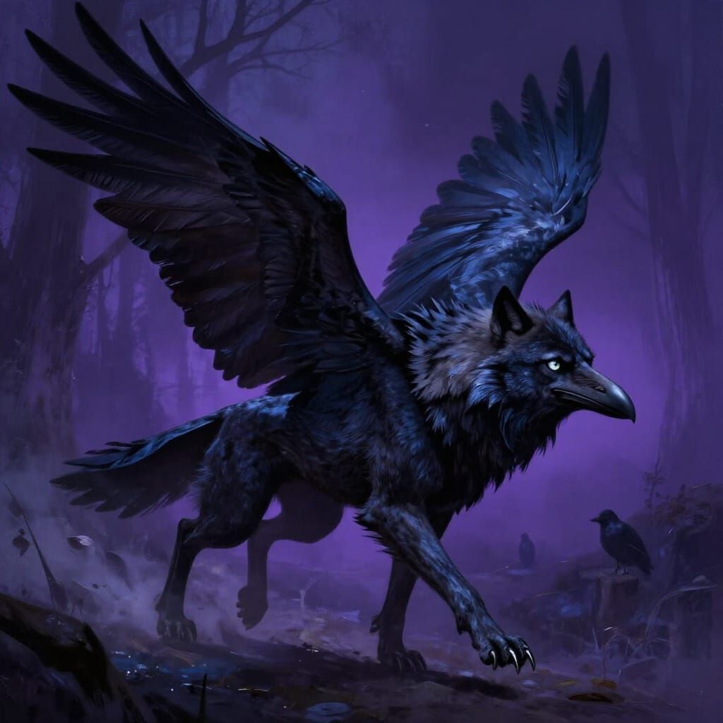 Shadow Wolf-Raven Hybrid in Dark Fantasy Art