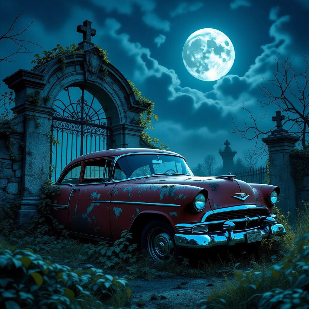 Eerie Abandoned 1950s Car by Cemetery Gate