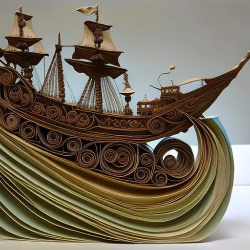 Pirate Ship Sculpture Rides Paper Quilling Waves