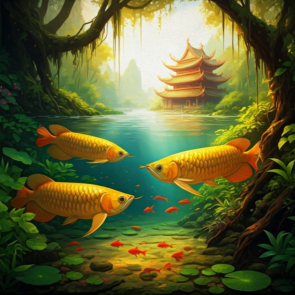 Arowanas in Flooded Rainforest: Oil Painting