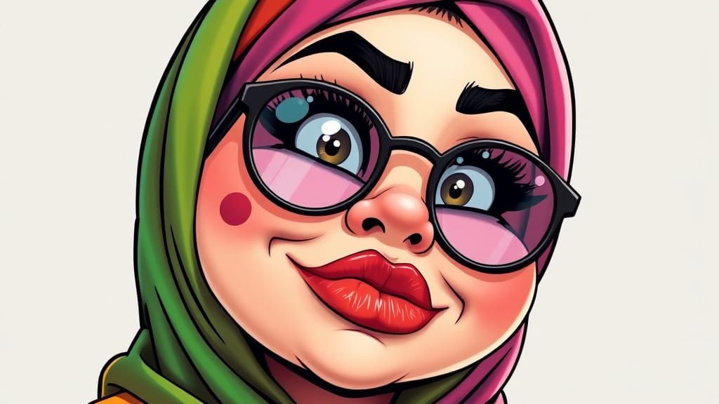 Vibrant Anime Woman in Rainbow Hijab, Exaggerated Caricature