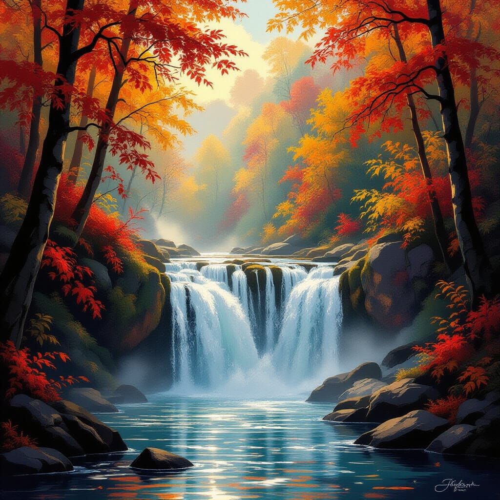 Autumn Waterfall in Romantic Landscape Style