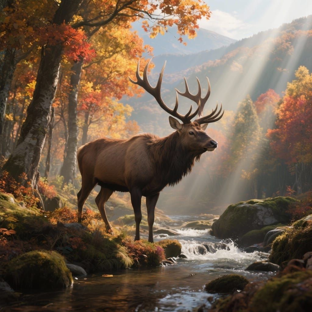 Majestic Elk in Autumn Appalachian Forest with Sunbeams