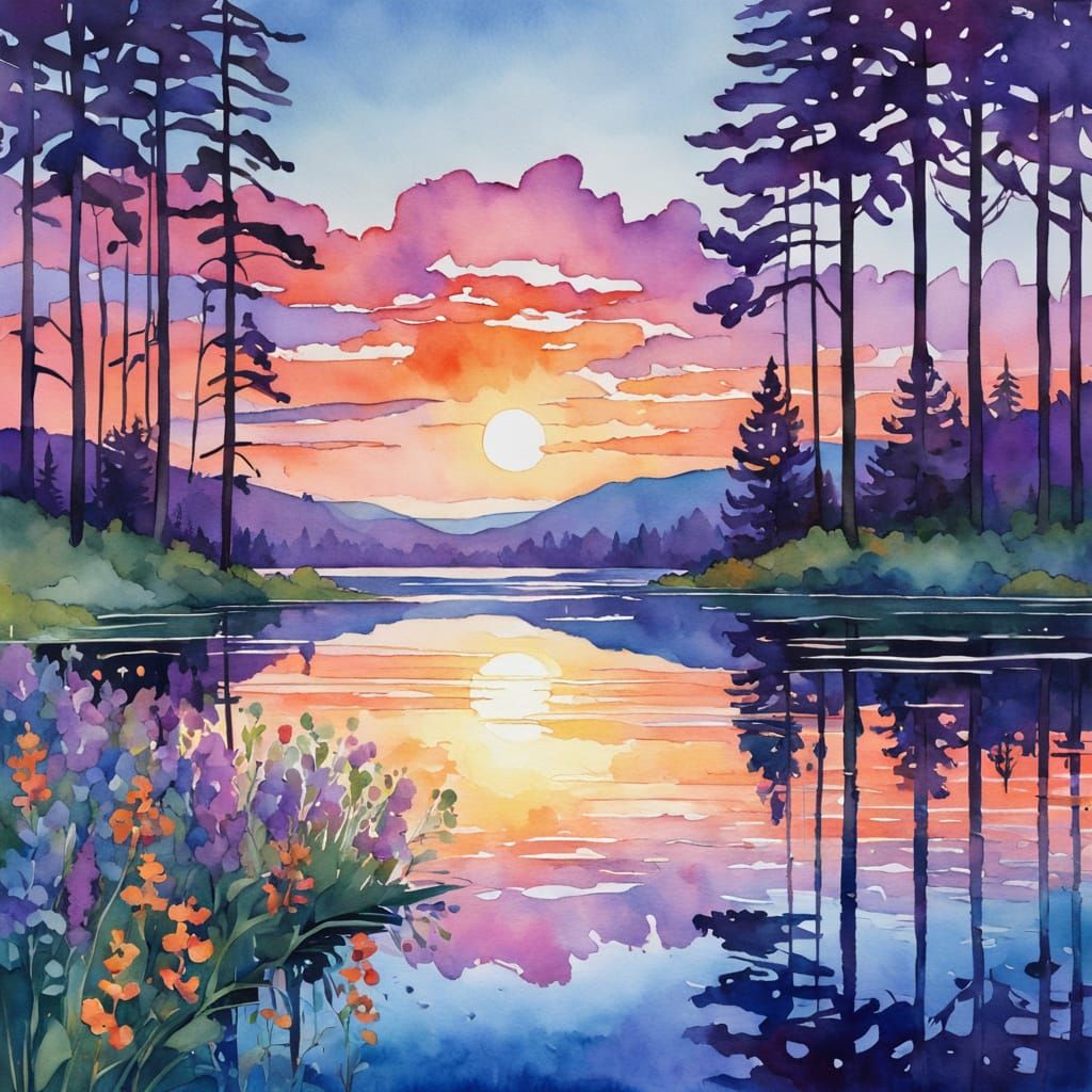 Watercolor Sunset Reflection Over Serene Lake