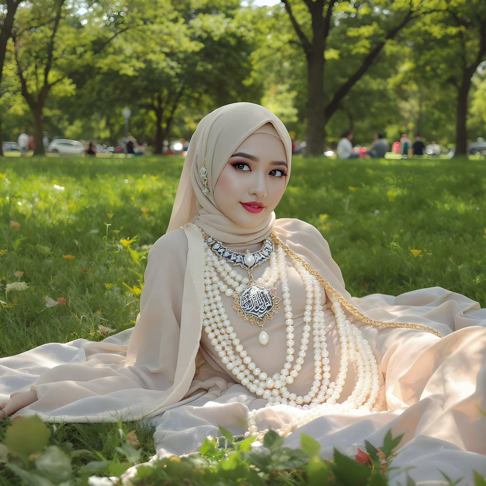 Elegant Hijab with Pearl Jewelry in Lush Park