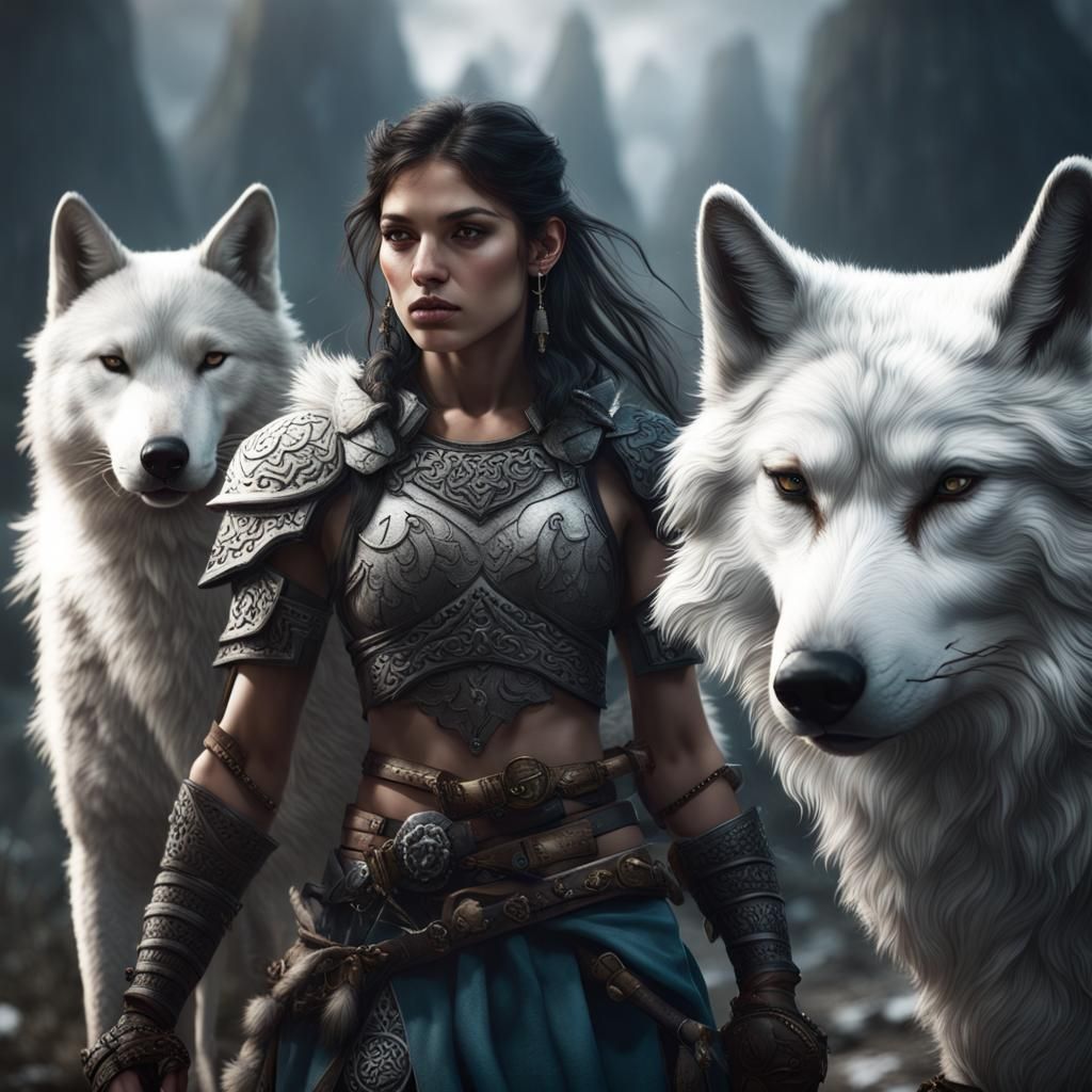 Warrior Woman with Wolves: Fantasy Concept Art