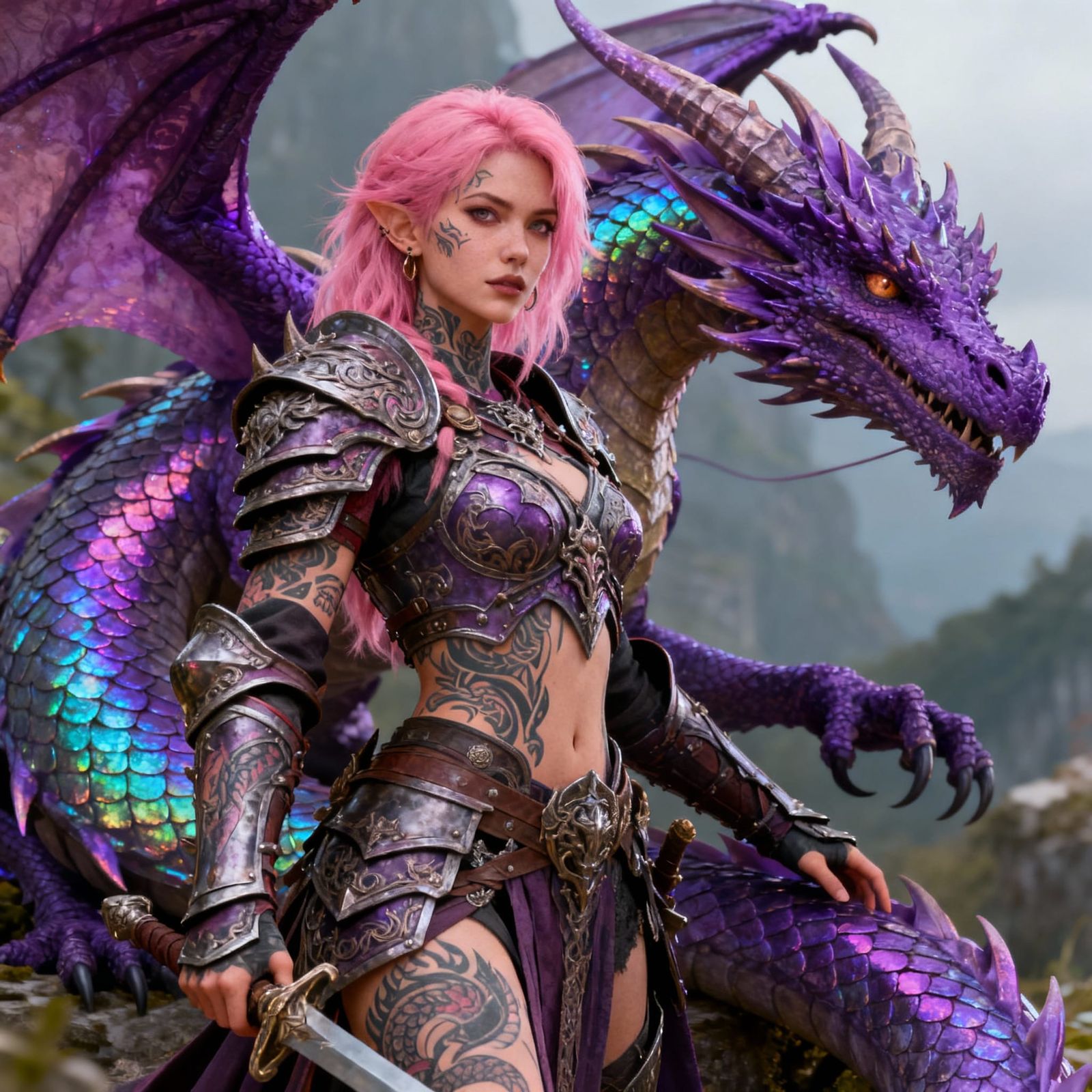 Pink Haired Warrior with Purple Dragon Companion
