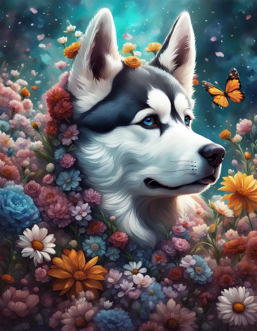Husky Puppy Portrait with Flowers, Digital Art