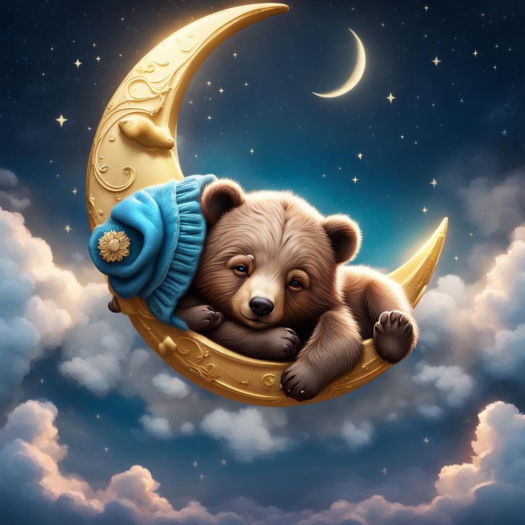 Baby Bear on Crescent Moon: Fantasy Concept Art