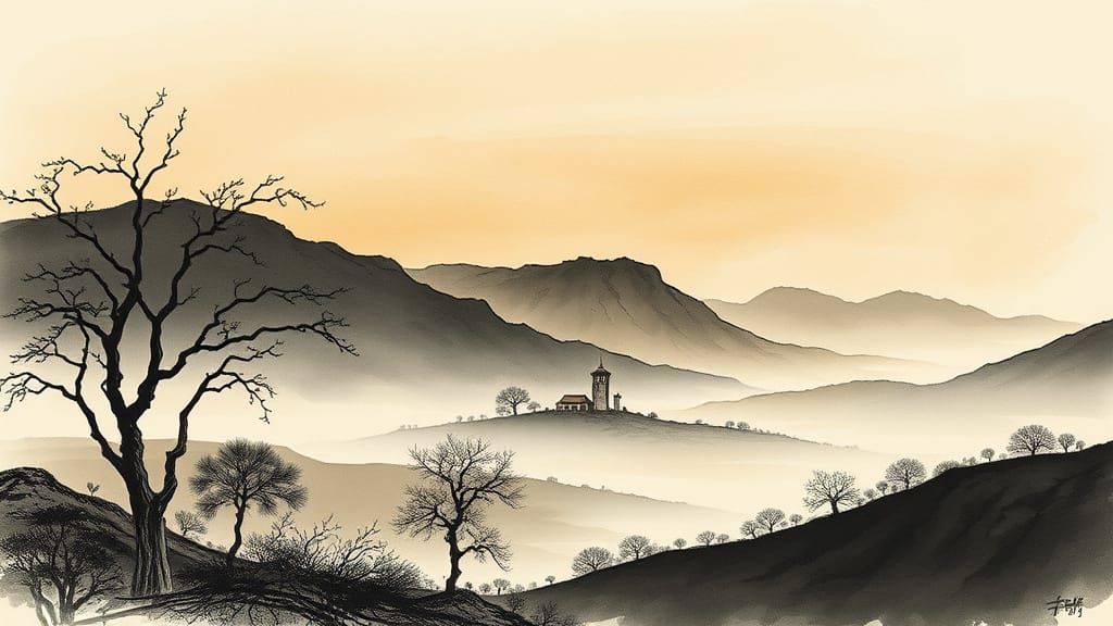 Neo Classic Landscape Ink Drawing with Muted Colors