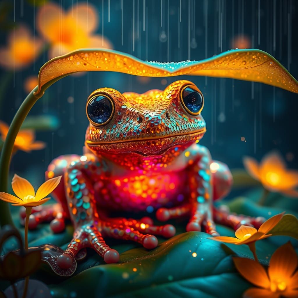 Enchanted Sequin Frog in a Magical Garden