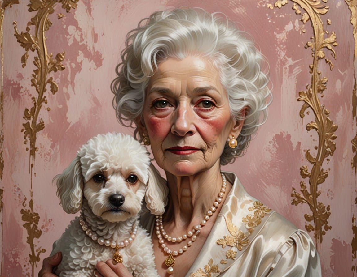 Elegant Elderly Woman with Toy Poodle, Impressionistic Oil