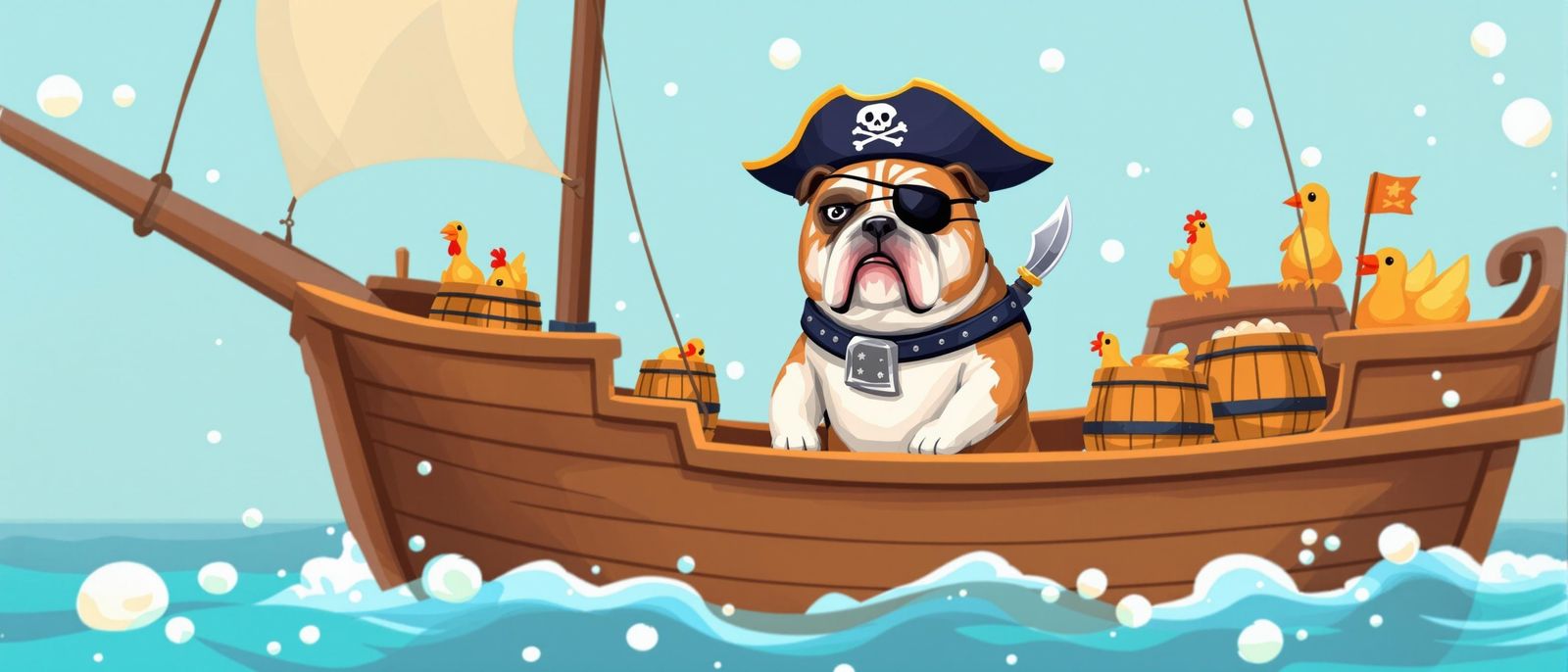 Grumpy Bulldog Pirate Captain on Biscuit Ship