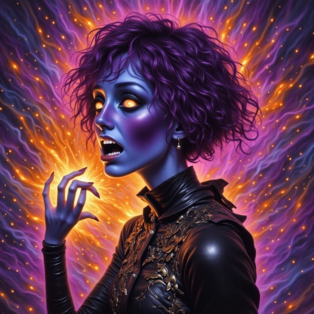 Steampunk Witch Breathing Fire in Cyberpunk Style