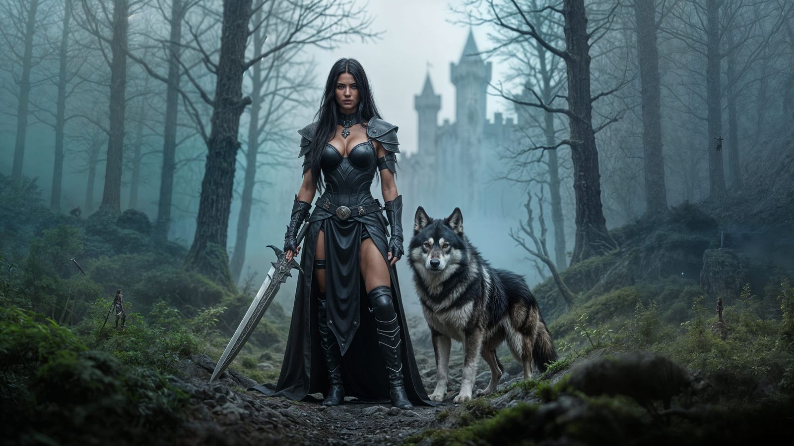 Warrior and Wolf-Dog in Misty Forest