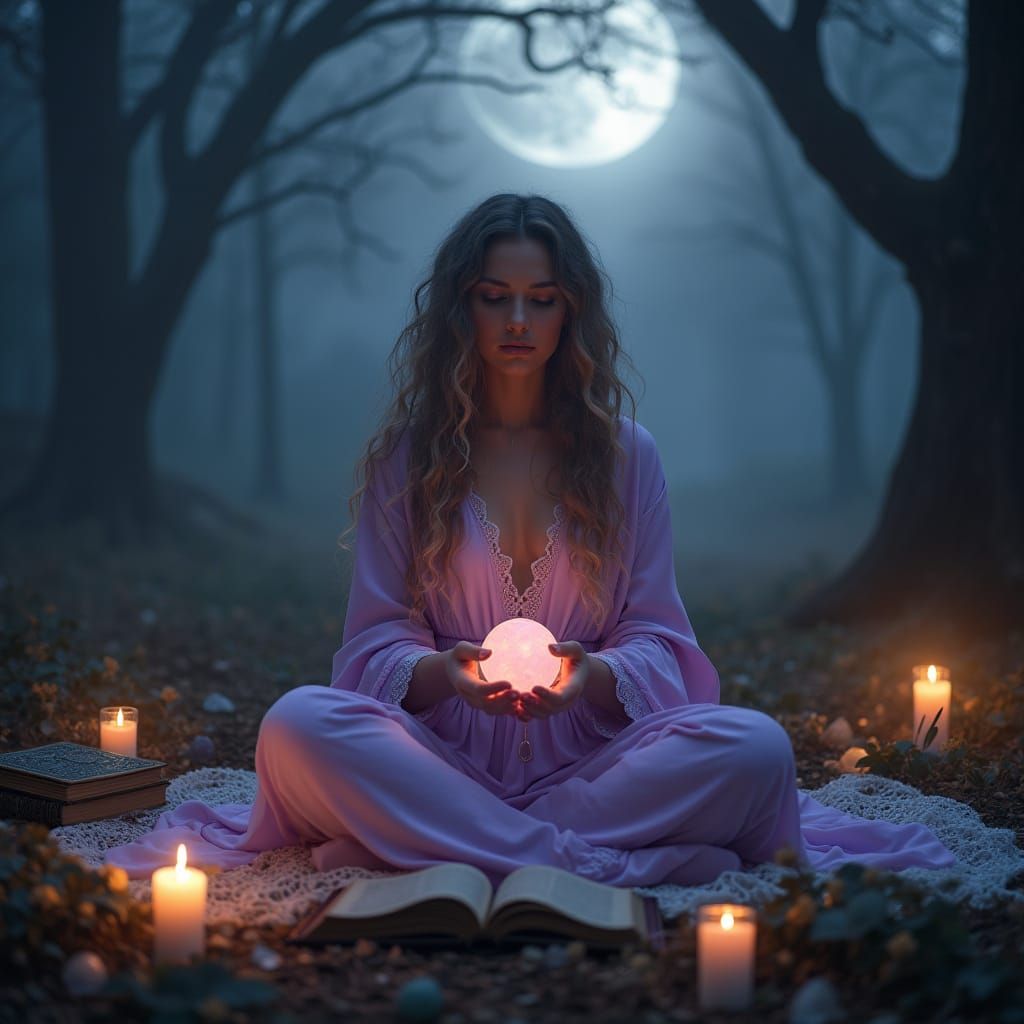 Enchanted Moonlit Sorceress in Lavender Robes