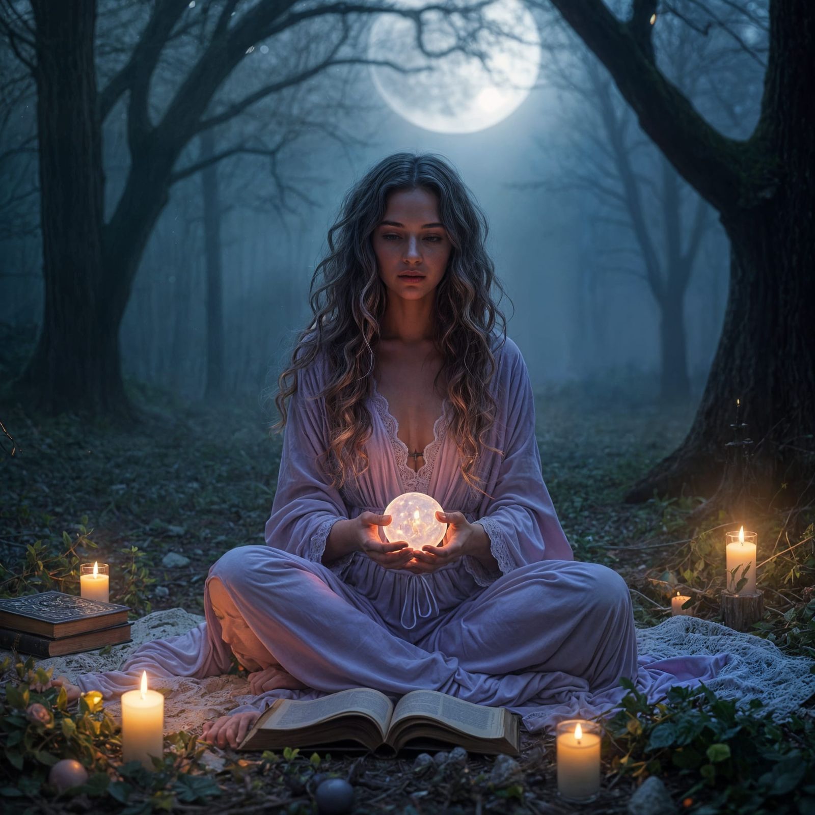 Modern Witch in Mystical Moonlit Forest