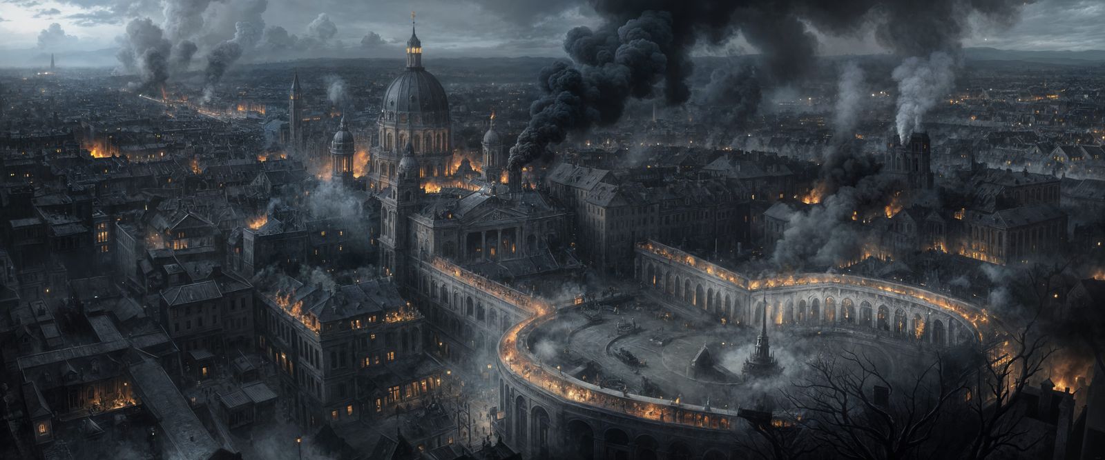 Mysterious Night in a Gothic City, Lit by Flames