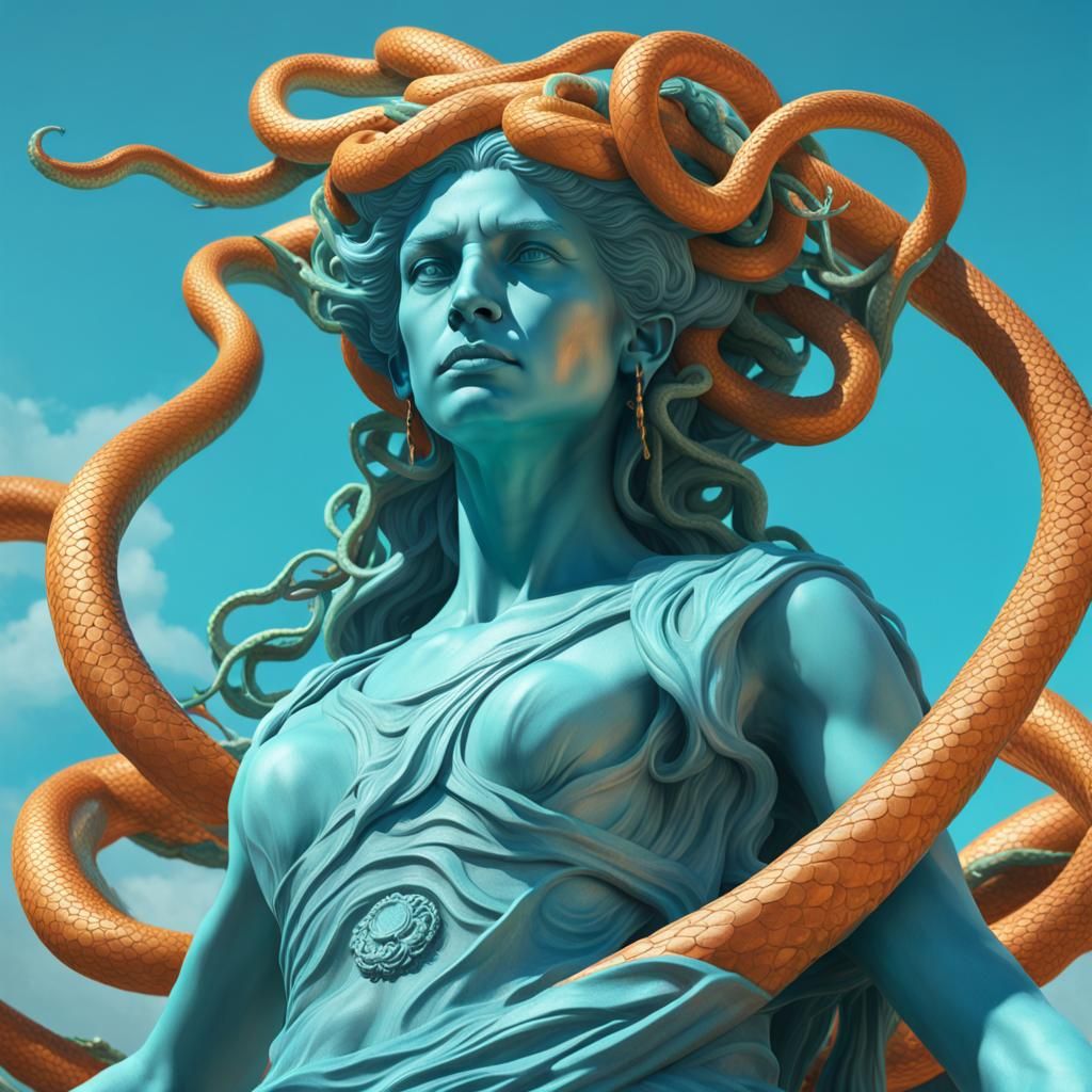 Hyperrealistic Medusa Statue Portrait in Blue