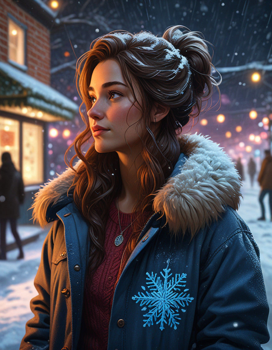 Joyful Woman Strolls Through a Snowy Cityscape at Night