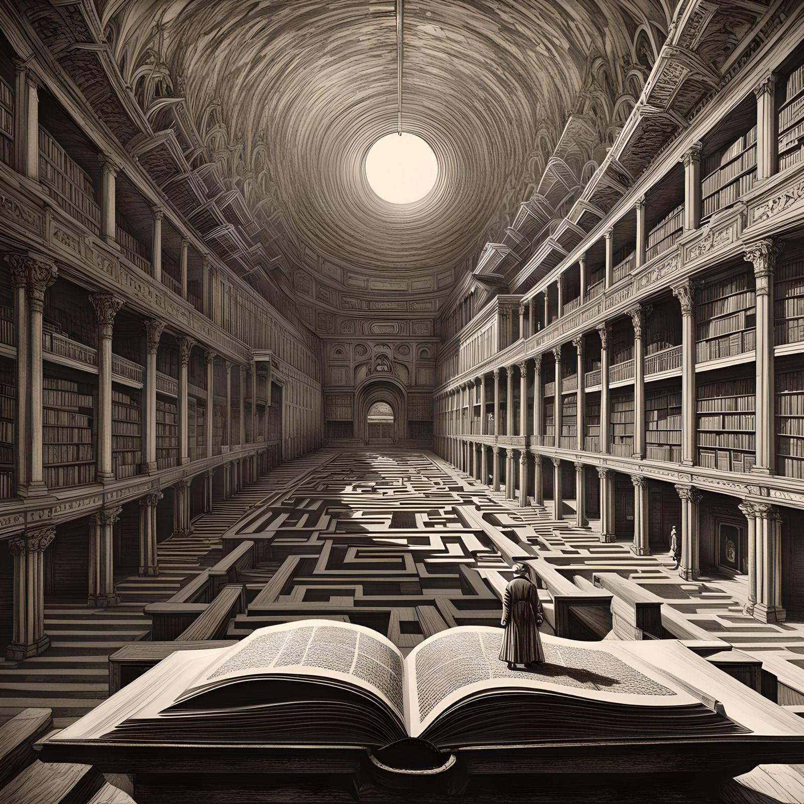 Android in Surreal Labyrinth with Cinematic Light